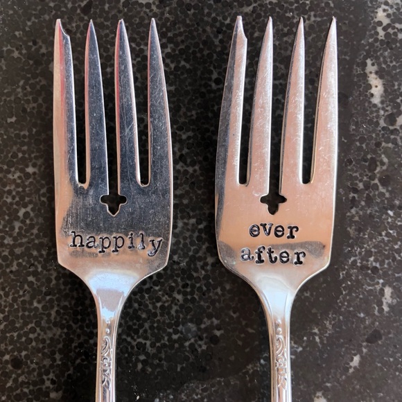 Hand-stamped silver plated forks & message “Happily”/“Ever After” when together - Picture 11 of 15